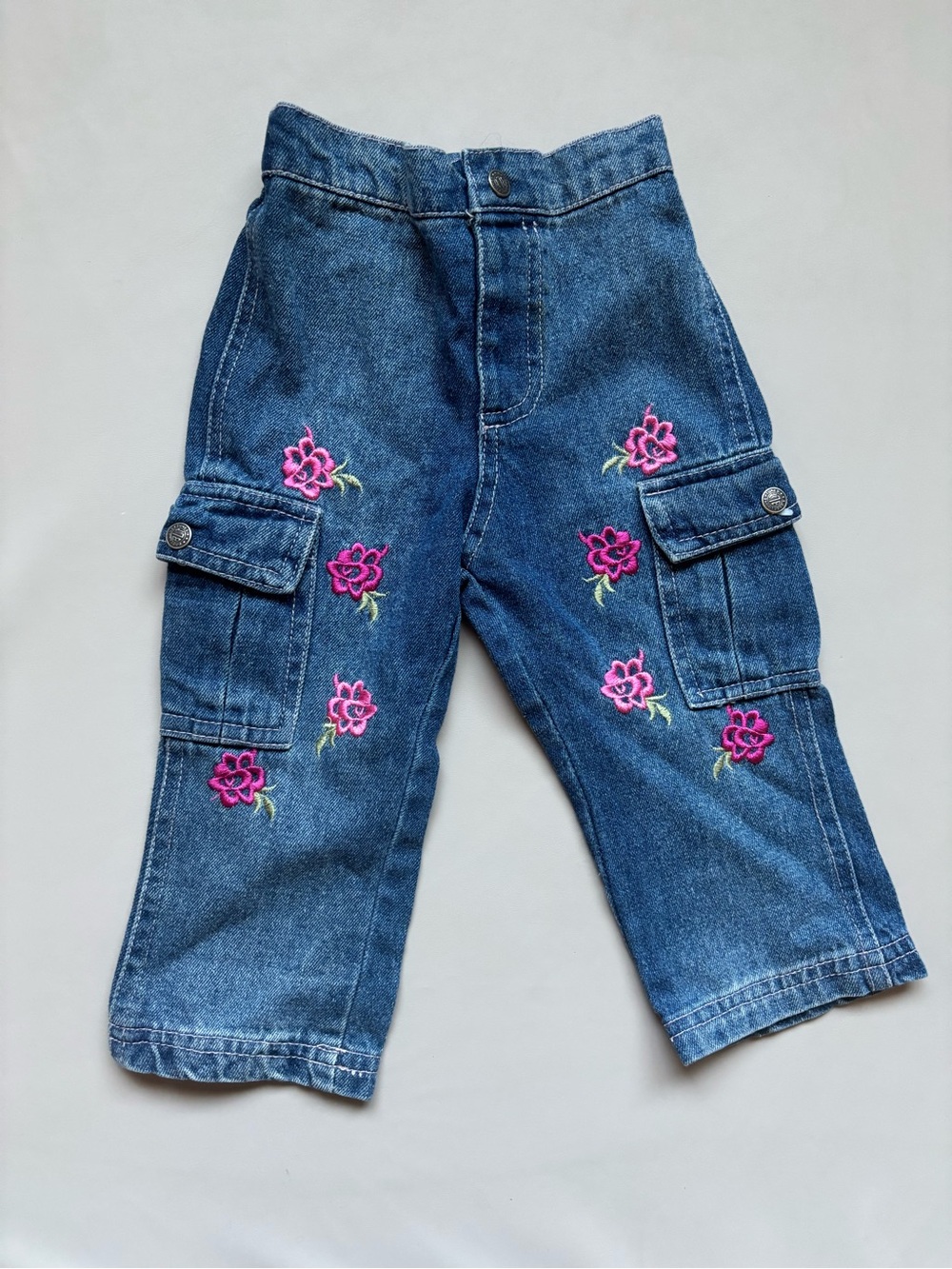 Kids Floral Embroidered Denim Cargo Pants - Pink Floral, Unbranded